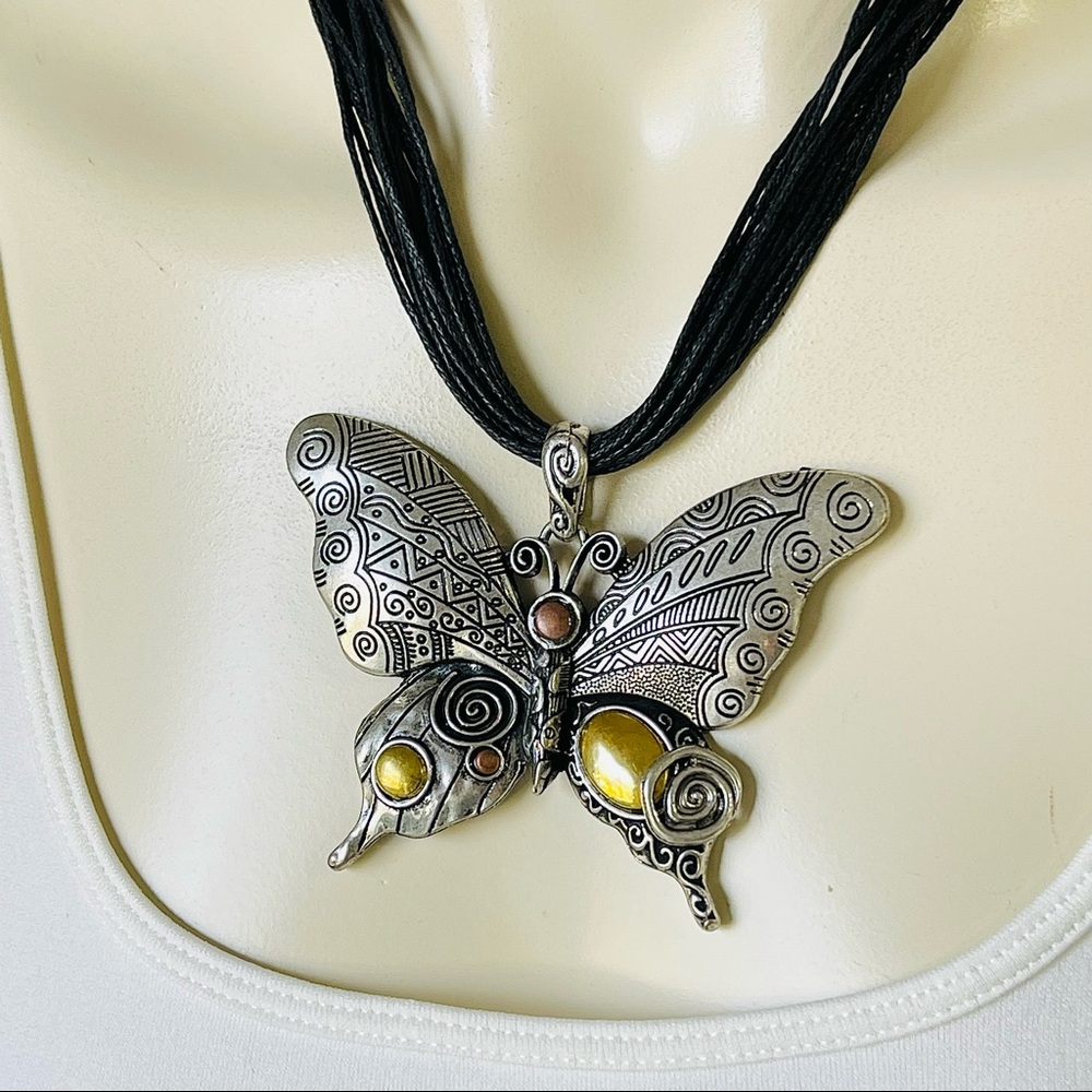TRIBAL BUTTERFLY NECKLACE multi textured multi metal layered cord chain ARTISAN